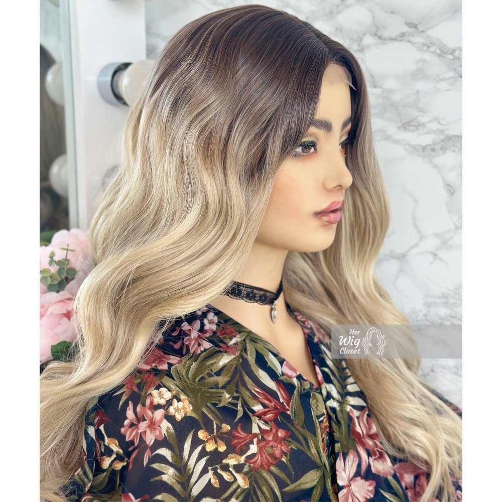 Dark Roots Creamy Blonde Natural Ombre Wavy Lace Front Wig | Virginia